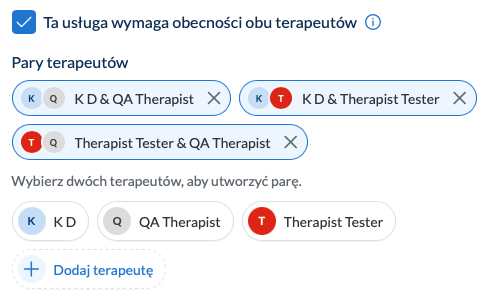 Ustawienia usługi z opcją wymaganej obecności obu terapeutów i przypisanymi parami specjalistów