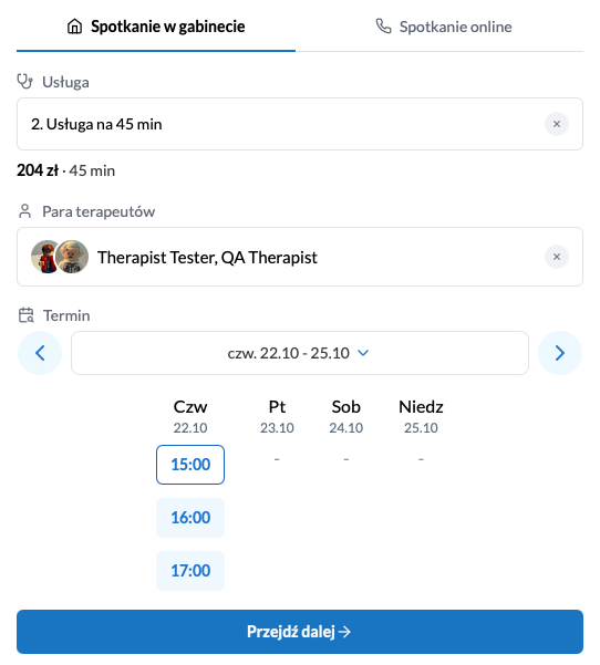 Wybrana para terapeutów i dostępne terminy wizyt w formularzu rezerwacji online