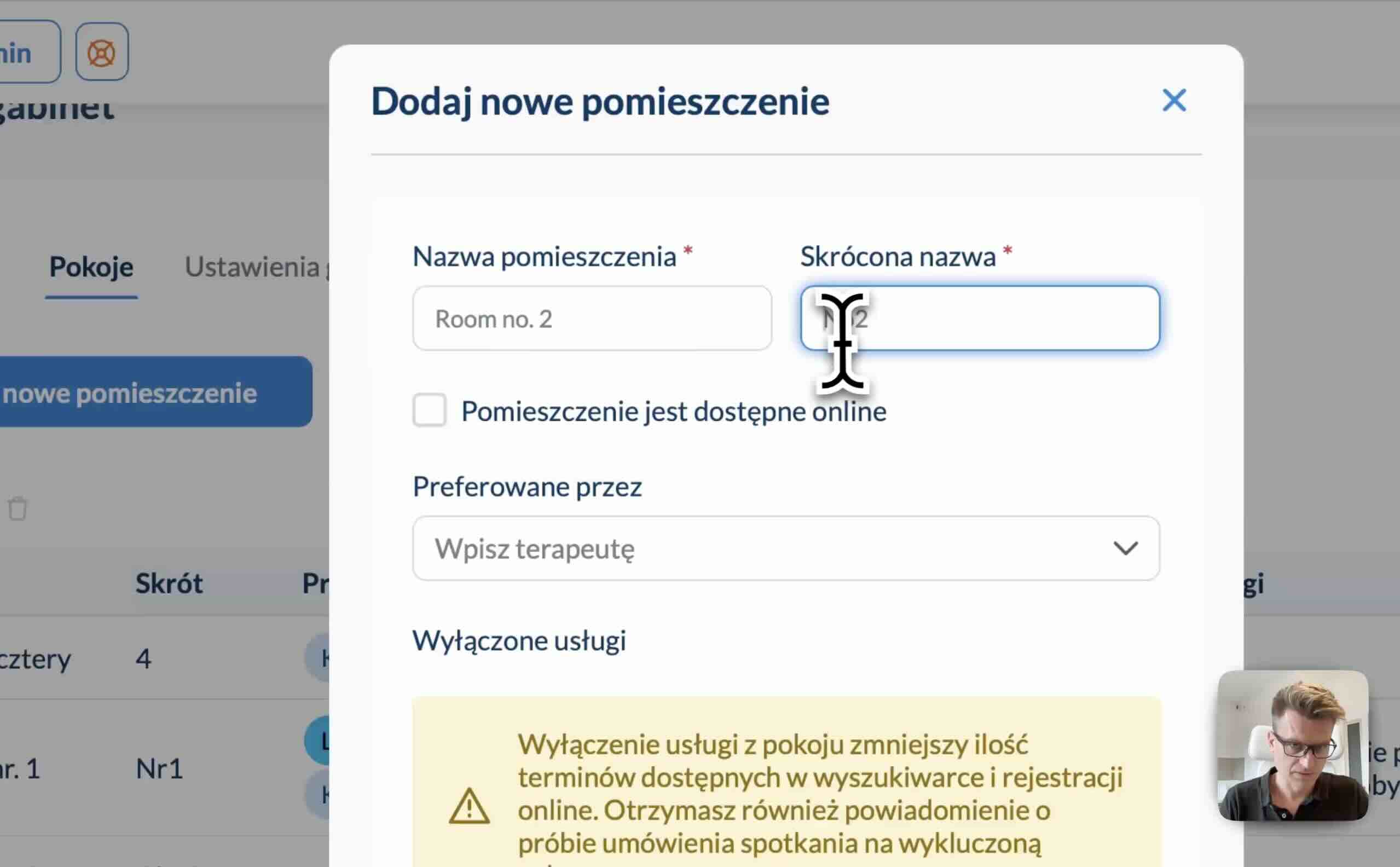 Proces dodawania nowego gabinetu w systemie.